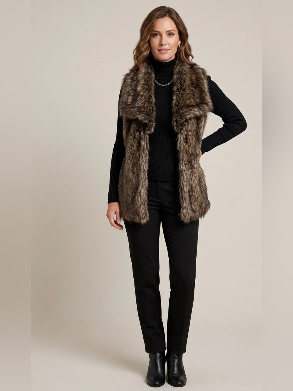 Boston Proper Black Knit Vest with‎ Brown Faux-Fur Collar